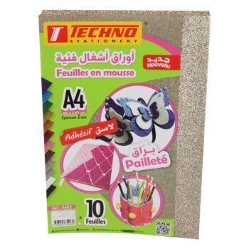 PAPIER MOUSSE ADHESIF PAILLETE A4 2MM PAQUET 10 FEUILLES BEIGE "TECHNO" REF: 5493