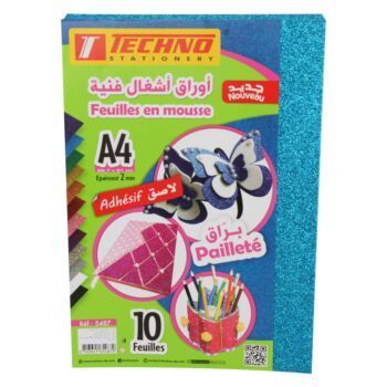 PAPIER MOUSSE ADHESIF PAILLETE A4 2MM PAQUET 10 FEUILLES BLEU CLAIR "TECHNO" REF: 5487