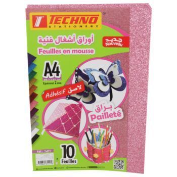 PAPIER MOUSSE ADHESIF PAILLETE A4 2MM PAQUET 10 FEUILLES ROSE "TECHNO" REF: 5491