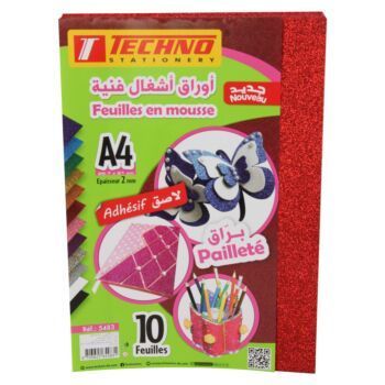 PAPIER MOUSSE ADHESIF PAILLETE A4 2MM PAQUET 10 FEUILLES ROUGE "TECHNO" REF: 5483