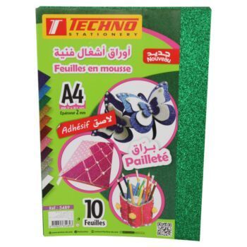 PAPIER MOUSSE ADHESIF PAILLETE A4 2MM PAQUET 10 FEUILLES VERT "TECHNO" REF: 5489