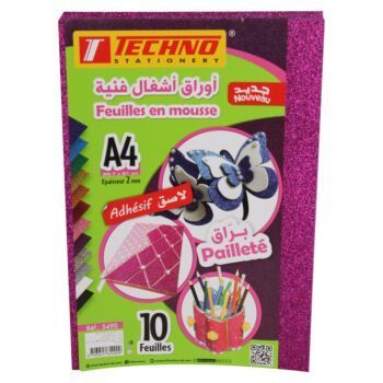 PAPIER MOUSSE ADHESIF PAILLETE A4 2MM PAQUET10 FEUILLES POURPRE "TECHNO" REF: 5490