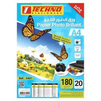 PAPIER PHOTO BRILLANT A4 180g PQT DE 20F "TECHNO" REF: 5401