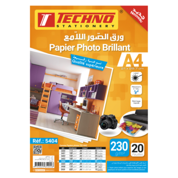 PAPIER PHOTO BRILLANT A4 230g PQT DE 20F "TECHNO" REF: 5404