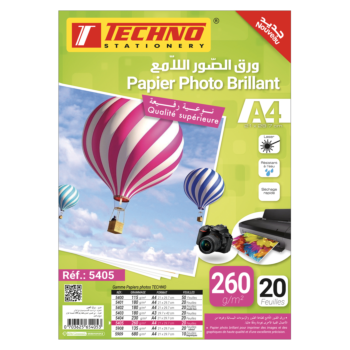 PAPIER PHOTO BRILLANT A4 260g PQT DE 20F "TECHNO" REF: 5405