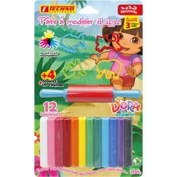 PATE A MODELER 12 COULEURS AVEC 04 MOULES ET 01 ROULEAU SOUS BLISTER DORA "TECHNO" REF: 4395