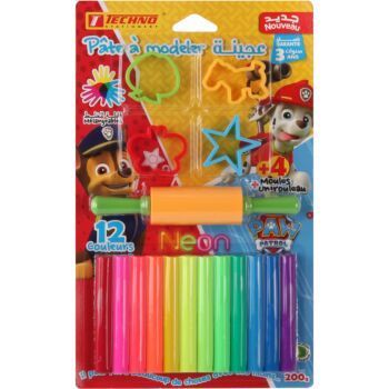 PATE A MODELER 12 COULEURS NEON 200g AVEC 04 MOULES ET 01 ROULEAU SOUS BLISTER PAW PATROL GARÇON "TECHNO" REF: 4695