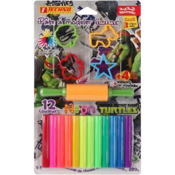 PATE A MODELER 12 COULEURS NEON 200g AVEC 04 MOULES ET 01 ROULEAU SOUS BLISTER TURTULES NINJA "TECHNO" REF: 4695