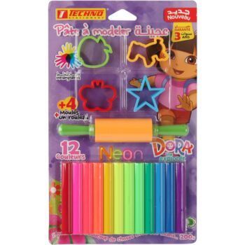 PATE A MODELER 12 COULEURS NEON 200g AVEC 04 MOULES ET 01 ROULEAU SOUS BLISTER DORA "TECHNO" REF: 4695