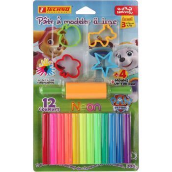 PATE A MODELER 12 COULEURS NEON 200g AVEC 04 MOULES ET 01 ROULEAU SOUS BLISTER PAW PATROL FILLE "TECHNO" REF: 4695