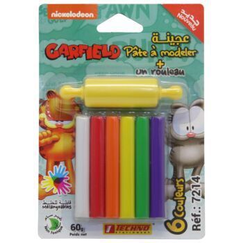 PATE A MODELER 6 COULEURS AVEC 1 ROULEAU SOUS BLISTER LICENCE GARFIELD "TECHNO" REF: 7214