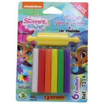 PATE A MODELER 6 COULEURS AVEC 1 ROULEAU SOUS BLISTER LICENCE SHIMMER SHINE "TECHNO" REF: 7214