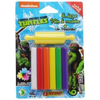 PATE A MODELER 6 COULEURS AVEC 1 ROULEAU SOUS BLISTER LICENCE TURTULES NINJA "TECHNO" REF: 7214