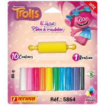 PATE A MODELER DE 10 COULEURS AVEC 1 ROULEAU LICENCE TROLLS "TECHNO" REF: 5864