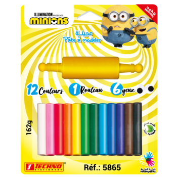 PATE A MODELER DE 12 COULEURS AVEC 1 ROULEAU ET 6 YEUX LICENCE MINIONS "TECHNO" REF: 5865
