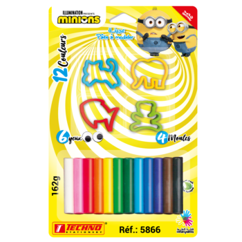 PATE A MODELER DE 12 COULEURS AVEC 4 MOULES ET 6 YEUX LICENCE MINIONS "TECHNO" REF: 5866