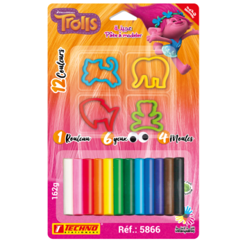 PATE A MODELER DE 12 COULEURS AVEC 4 MOULES ET 6 YEUX LICENCE TROLLS "TECHNO" REF: 5866