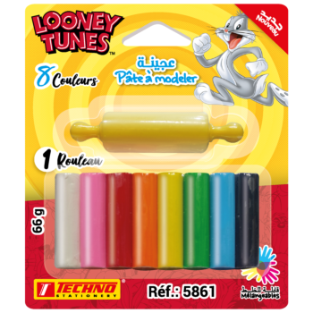 PATE A MODELER DE 8 COULEURS AVEC 1 ROULEAU LICENCE LOONEY TUNES "TECHNO" REF: 5861