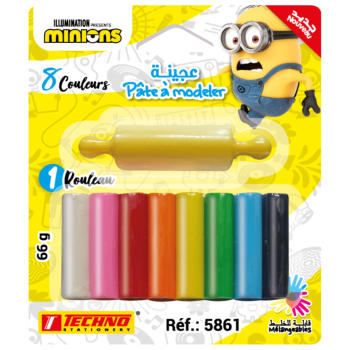 PATE A MODELER DE 8 COULEURS AVEC 1 ROULEAU LICENCE MINIONS "TECHNO" REF: 5861
