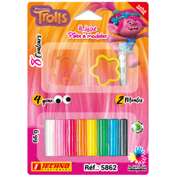 PATE A MODELER DE 8 COULEURS AVEC 2 MOULES LICENCE TROLLS "TECHNO" REF: 5862
