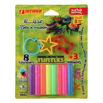 PATE A MODELER S.CARTE 8 COULEURS NEON AVEC 3 MOULES TURTLES "TECHNO" REF: 4694