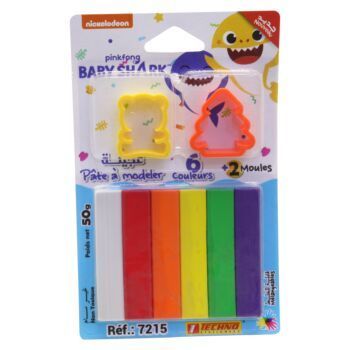 PATE A MODELER 06 COULEURS AVEC 2 MOULES SOUS BLISTER LICENCE BABY SHARK "TECHNO" REF: 7215