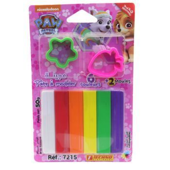 PATE A MODELER 06 COULEURS AVEC 2 MOULES SOUS BLISTER LICENCE PAW PATROL FILLE "TECHNO" REF: 7215