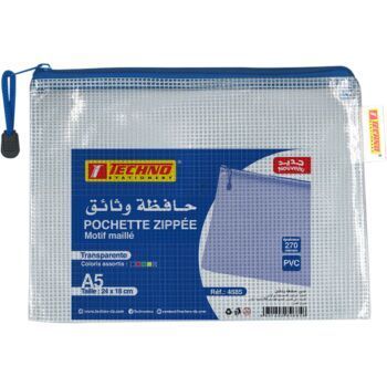 POCHETTE ZIPPEE MOTIF MAILLE A5 TRANSPARENT "TECHNO" REF: 4685