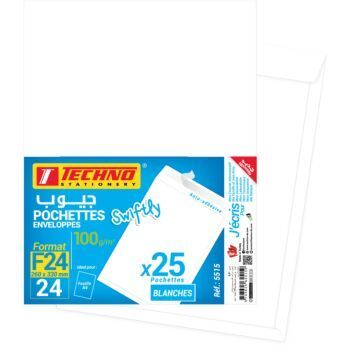 POCHETTES BLANCHES ADHESIVE F24 260x330 PQT 25 "TECHNO" REF: 5515