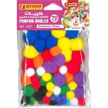 POMPON BOULES COULEURS SOUS BLISTER DE 70 PIECES "TECHNO" REF: 4631